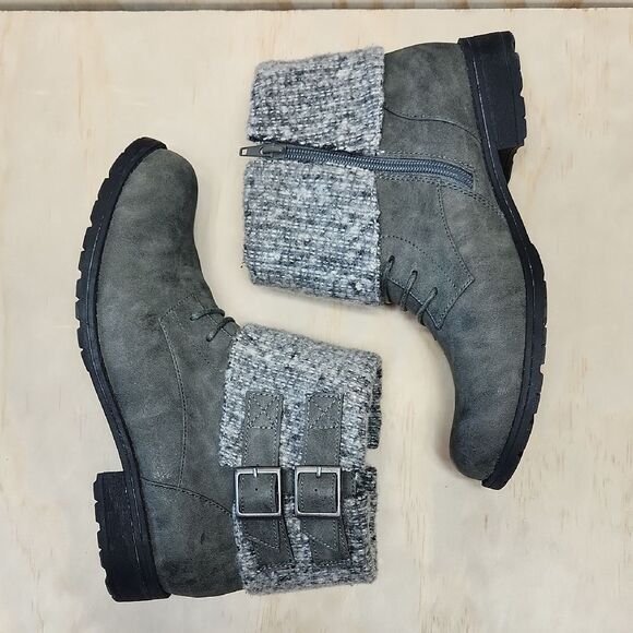 Rocket Dog Gray Fold-Over Combat Boots Moto Ankle Women 8.5 Shoe Buckle Babster - Picture 2 of 14